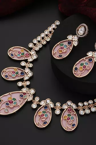 Pink Brass Polki Neklace Set