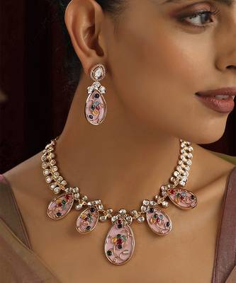 Pink Brass Polki Neklace Set 3