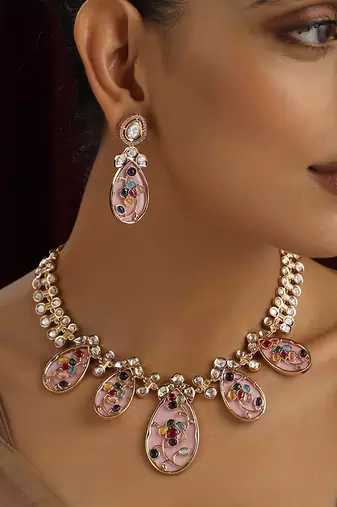 Pink Brass Polki Neklace Set