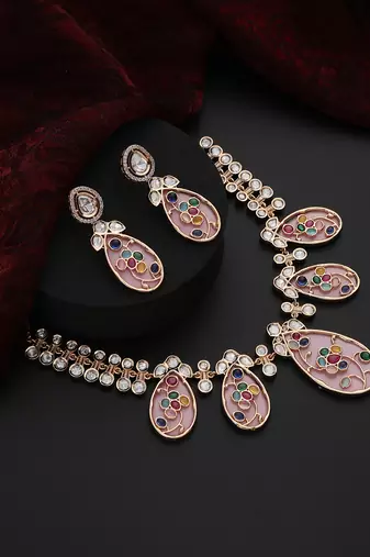 Pink Brass Polki Neklace Set
