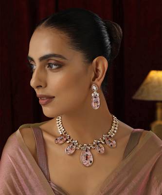 Pink Brass Polki Neklace Set 5