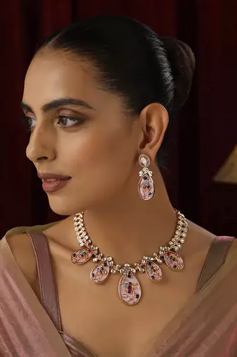 Pink Brass Polki Neklace Set