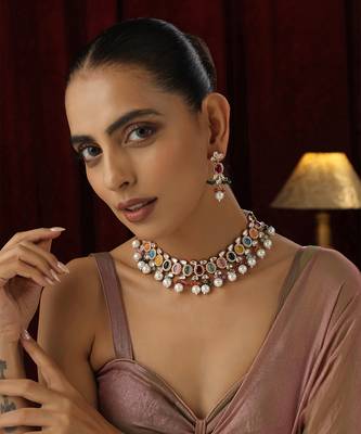 Multicolour polki and pearl necklace set 1