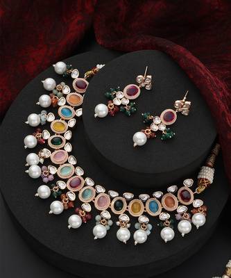 Multicolour polki and pearl necklace set 2