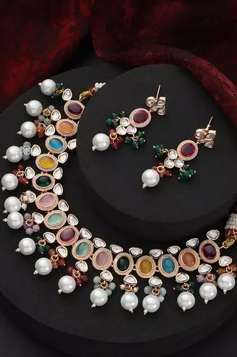 Multicolour polki and pearl necklace set
