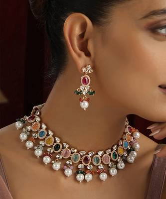 Multicolour polki and pearl necklace set 3
