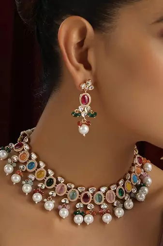 Multicolour polki and pearl necklace set