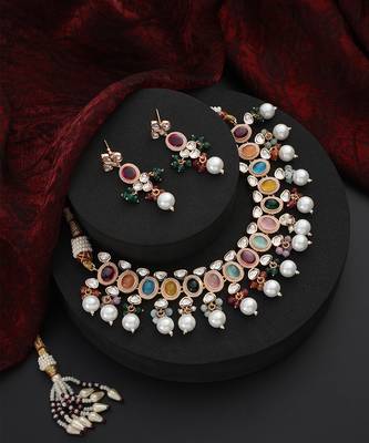 Multicolour polki and pearl necklace set 4
