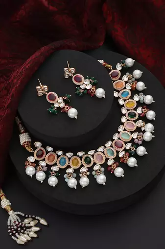 Multicolour polki and pearl necklace set