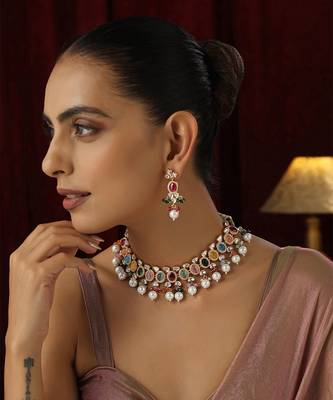 Multicolour polki and pearl necklace set 5