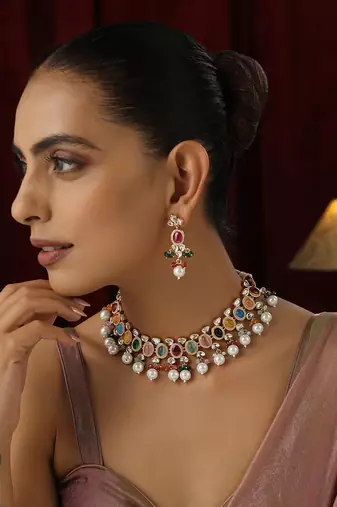 Multicolour polki and pearl necklace set