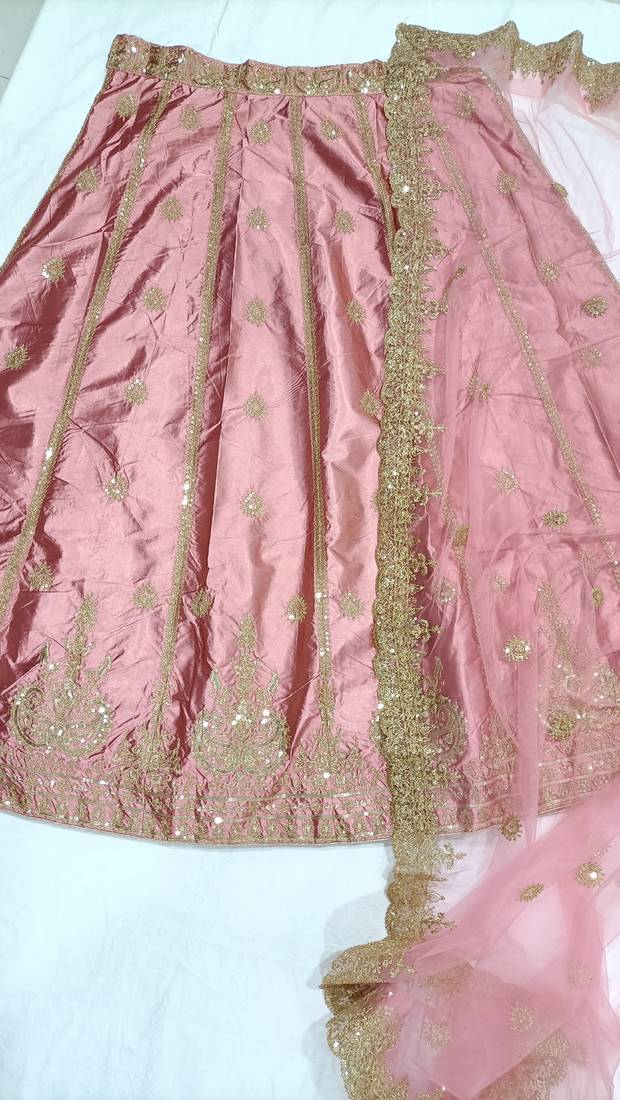 Pink Satin Sequence Work Semi-Stitched Lehenga Choli with Net Dupatta For Women