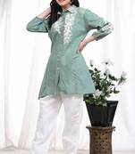 Trendmalls Women's Light Green Art Silk Puff Sleeve Short Kurti for Women