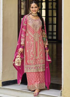 Peach heavy chinon embroidery plazzo suit 1