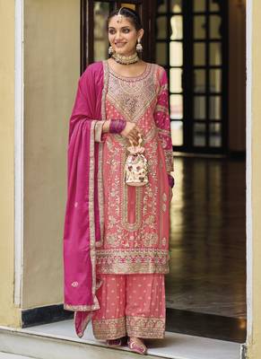 Peach heavy chinon embroidery plazzo suit 2