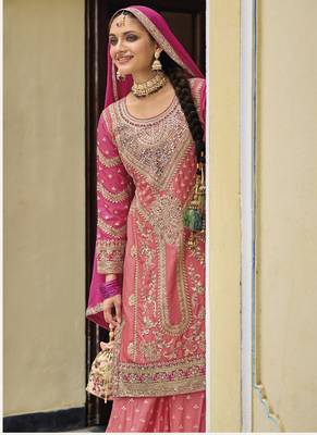Peach heavy chinon embroidery plazzo suit 3