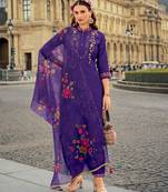  Purple Viscose Silk Floral Embroidered Straight Kurta With Afghani Salwar & Dupatta