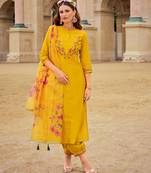 MOJILAA Women's Mustard Viscose Silk Floral Embroidered Straight Kurta With Afghani Salwar & Dupatta