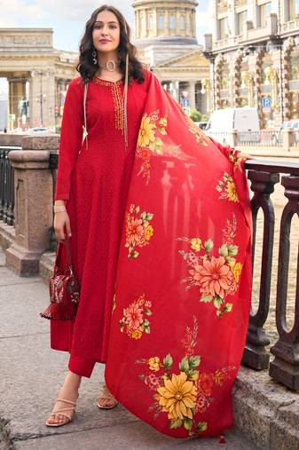 MOJILAA Women's Red Vichitra Silk Chikankari Embroidered Anarkali Kurta With Pant & Dupatta