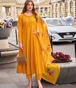 MOJILAA Women's Mustard Vichitra Silk Chikankari Embroidered Anarkali Kurta With Pant & Dupatta