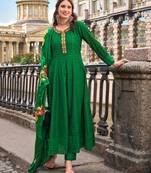  Green Vichitra Silk Chikankari Embroidered Anarkali Kurta With Pant & Dupatta