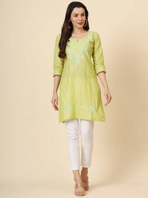 Green cotton thread embroidery work formal looks classy casual looks kurta 1