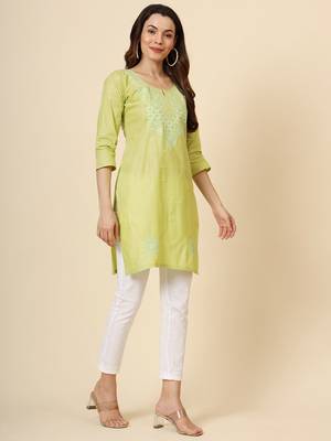 Green cotton thread embroidery work formal looks classy casual looks kurta 5