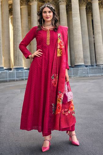 MOJILAA Women's Magenta Vichitra Silk Chikankari Embroidered Anarkali Kurta With Pant & Dupatta