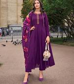  Purple Vichitra Silk Chikankari Embroidered Anarkali Kurta With Pant & Dupatta