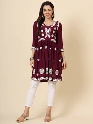 Wine rayon heavy thread embroidery work beautiful girlie looks chikankari kurti 1