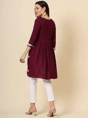Wine rayon heavy thread embroidery work beautiful girlie looks chikankari kurti 2