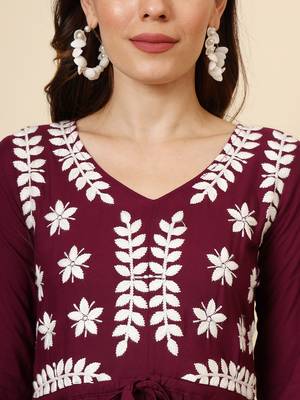 Wine rayon heavy thread embroidery work beautiful girlie looks chikankari kurti 3