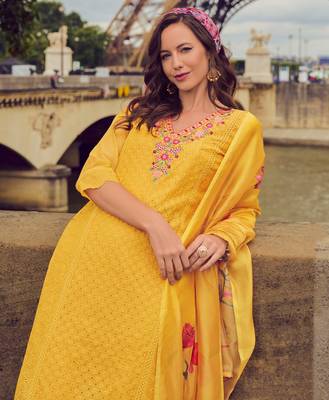  Yellow Chanderi Silk Chikankari Floral Bored Schiffli Embroidered Straight Kurta With Pant & Dupatta 3