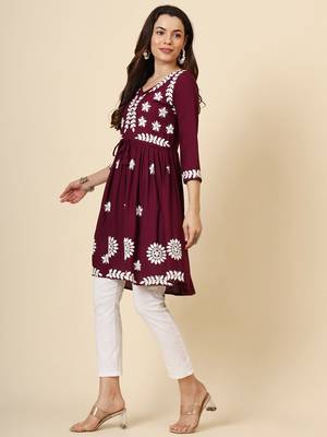 Wine rayon heavy thread embroidery work beautiful girlie looks chikankari kurti 4