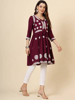 Wine rayon heavy thread embroidery work beautiful girlie looks chikankari kurti 5