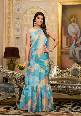Sea green imported georgette printed gown with attachable pallu for one minute saree looks 1