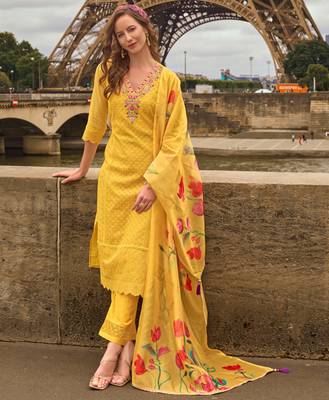  Yellow Chanderi Silk Chikankari Floral Bored Schiffli Embroidered Straight Kurta With Pant & Dupatta 4
