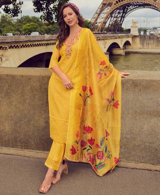  Yellow Chanderi Silk Chikankari Floral Bored Schiffli Embroidered Straight Kurta With Pant & Dupatta 1