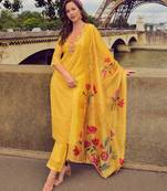  Yellow Chanderi Silk Chikankari Floral Bored Schiffli Embroidered Straight Kurta With Pant & Dupatta