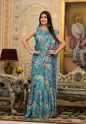 Blue imported georgette designer printed gown with attachable pallu for one minute saree looks 1