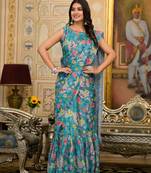 Blue imported georgette designer printed gown with attachable pallu for one minute saree looks