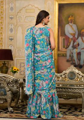 Blue imported georgette designer printed gown with attachable pallu for one minute saree looks 3