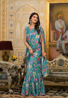 Blue imported georgette designer printed gown with attachable pallu for one minute saree looks 5