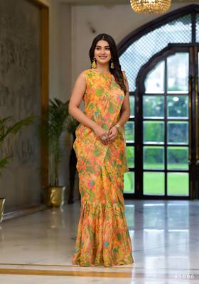 Yellow imported georgette designer printed gown with attachable pallu for one minute saree looks 1