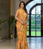 Yellow imported georgette designer printed gown with attachable pallu for one minute saree looks