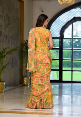 Yellow imported georgette designer printed gown with attachable pallu for one minute saree looks 3