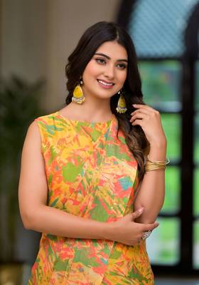 Yellow imported georgette designer printed gown with attachable pallu for one minute saree looks 4
