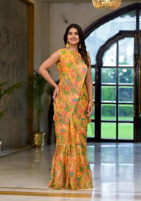 Yellow imported georgette designer printed gown with attachable pallu for one minute saree looks 5