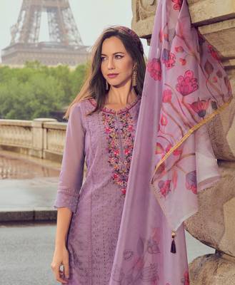  Lavender Chanderi Silk Chikankari Floral Bored Schiffli Embroidered Straight Kurta With Pant & Dupatta 3