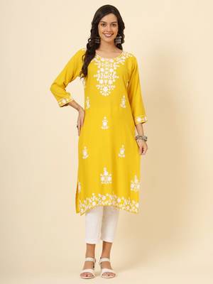 Yellow liva rayon chickenkari thread embroidery work formal looks indian ethnic kurta 1
